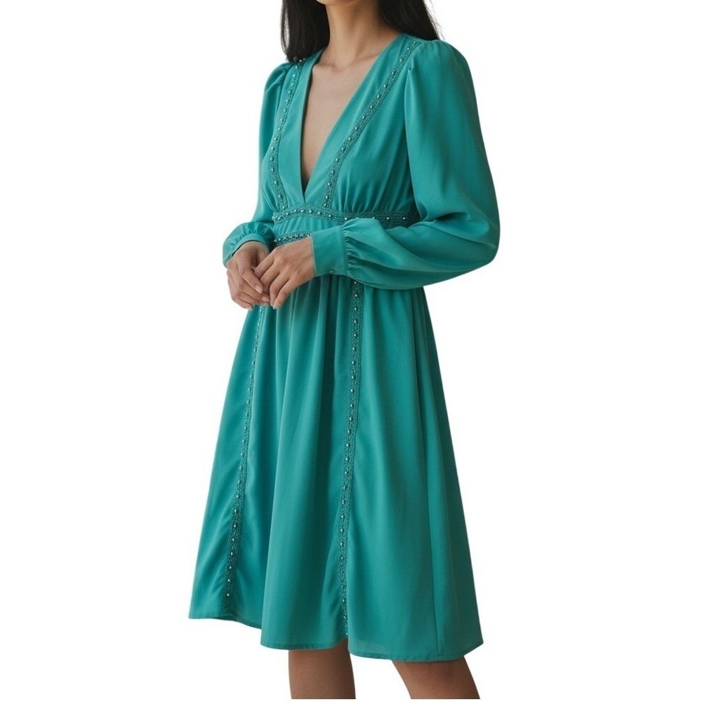 Mini Dress‎ Womens Medium Teal Green Studded Crochet V-Neck Puff Sleeve Romantic